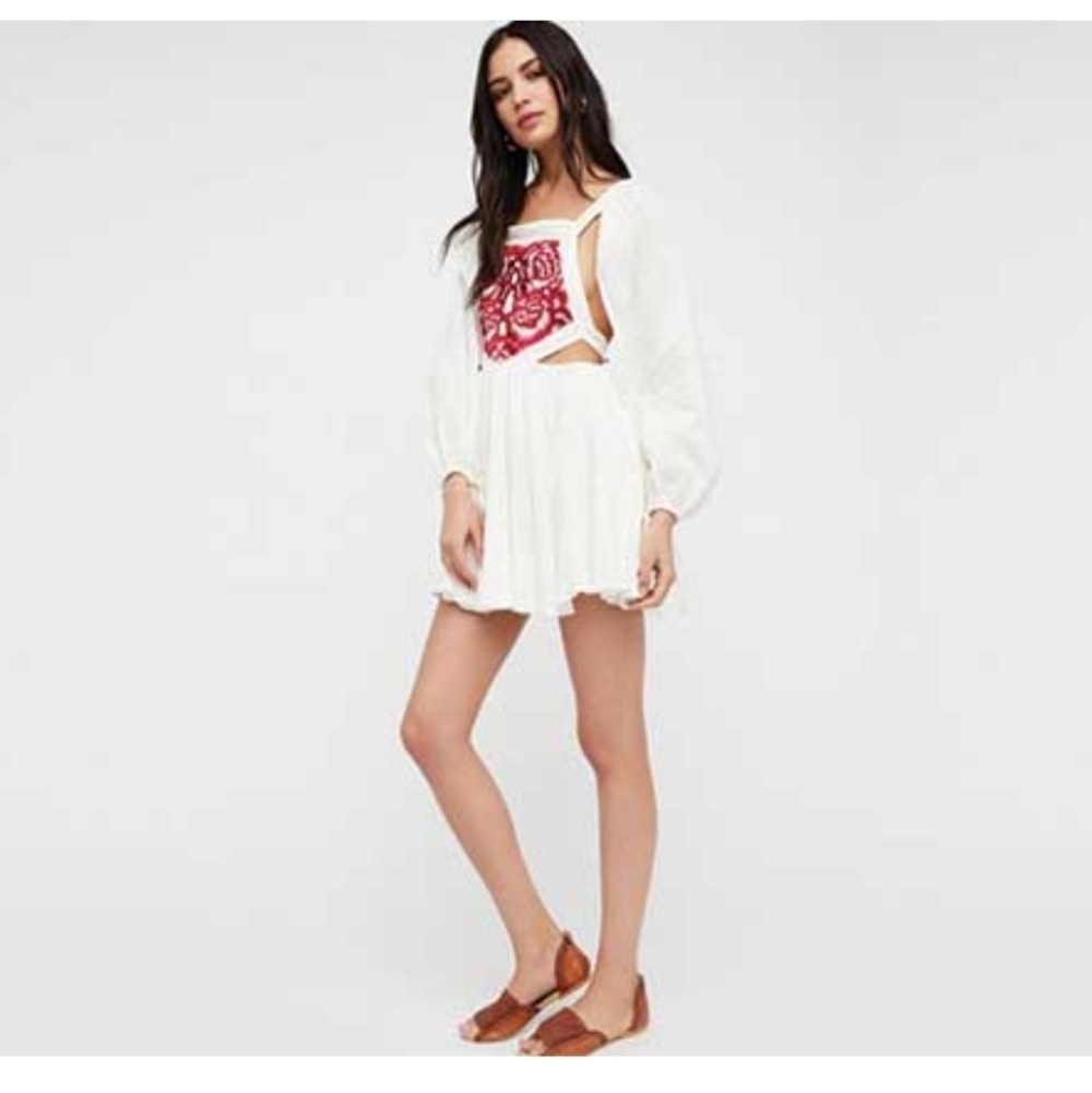 Free People White and Red Embroidered  Dress Sz S